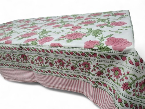 Hand Block Print India Tablecloth 100%Cotton Floral Rectangular Pink 60*90 Inch - Picture 5 of 5