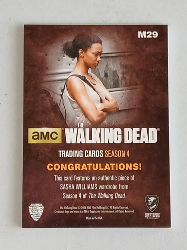 SASHA WILLIAMS Relic Card #M29 Walking Dead Season 4 Part 1 Cryptozoic 2016 - Picture 2 of 3