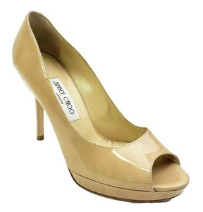 Jimmy-Choo-Size-37-5-EU-7-US-Beige-Nude-Luna-Heels-Patent-Leather-Peep-Toe-Pumps