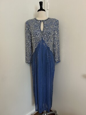 Vintage 80’s Oleg Cassini Sequin Beaded Black Tie Formal Gown Dress Size 12 