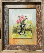 Pink Hydrangeas In Bike Basket 3D Original oil paintings framed by artist