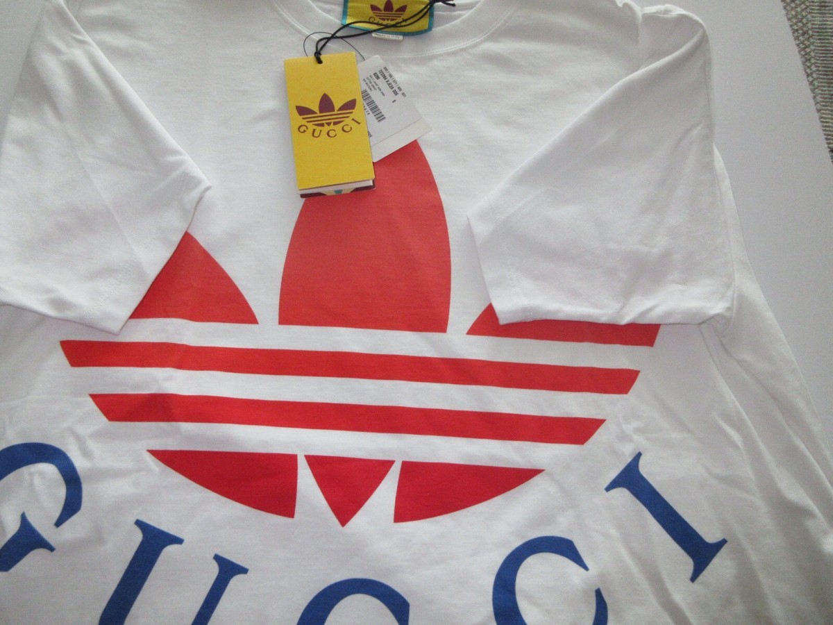 GUCCI x Adidas White red Logo T-Shirt Men's Size S Small Cotton