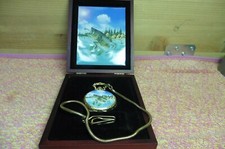 Pocket watch Bass fly fishing clip Gold tone chain in box