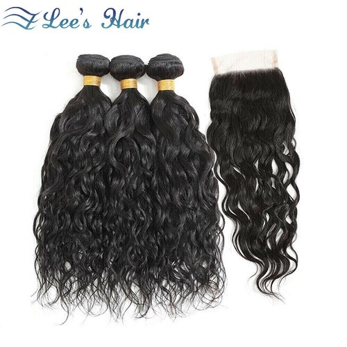 Water Wave Human Hair Bundles with 4*4 Lace Closure Remy Hair 12"Closure+141618