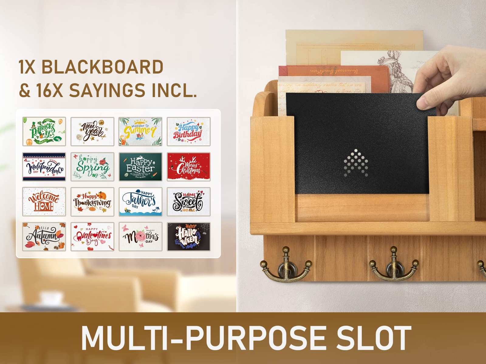 Wall Mount 3-Slot Mail Organizer With Key Hooks Gently Used In - View #8