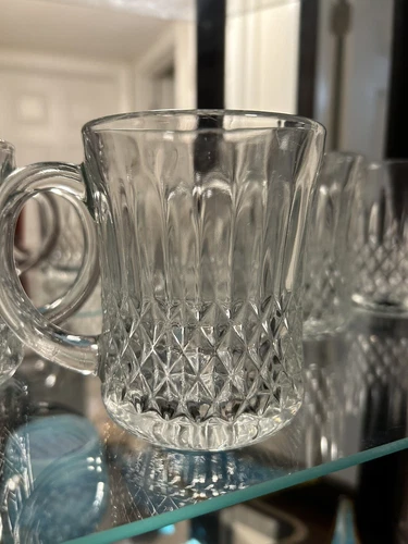 Vintage Quilted Diamond Clear Glass Mugs with Handle Set of 4