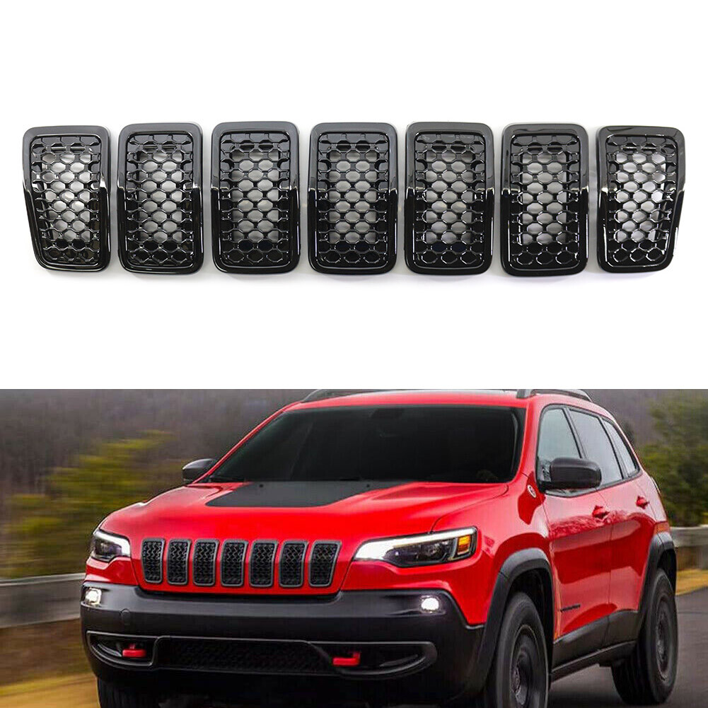 Front Bumper Kidney Mesh Grille Grill Gloss Black Fit Jeep Cherokee 2019-2022