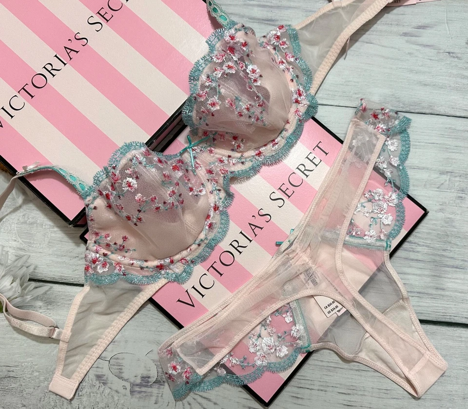 Victoria’s Secret Unlined Set Bra Thong Embroidery Cherry Blossom Balconette - image 3 of 4