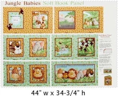 FABRIC TRADITIONS Jungle Babies - monkey lion hippo Book Panel Fabric