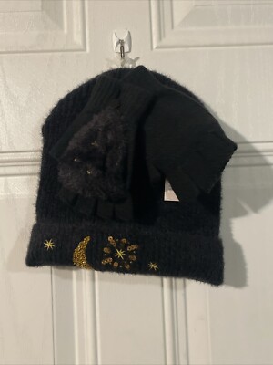 Girls Black Beanie Gold Stars Hat & Gloves Set Faux Fur Finger Covers Fingerless