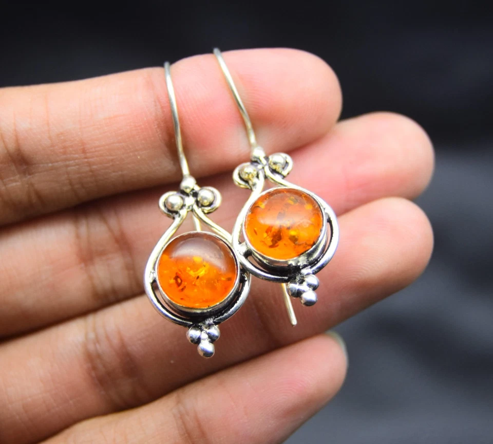 Baltic Amber Gemstone 925 Sterling Silver Jewelry Stud Earring Size-1.65" - Image 3 of 4