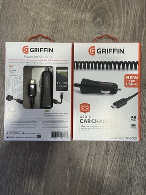 2 Pack!!Griffin USB-C Car Charger 3A 15W Cigarette Plug In 3' Coiled Cable Black