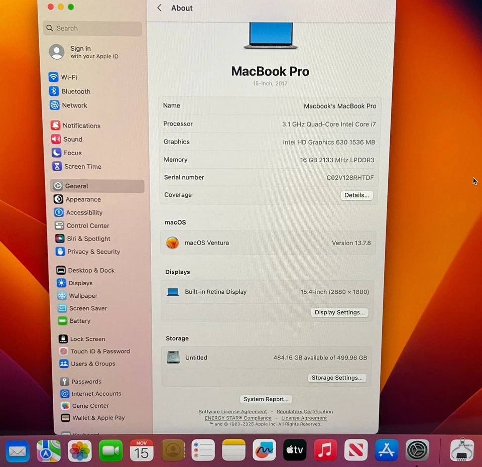 Apple MacBook Pro 15" 2017 A1707 TouchBar i7 3.1GHz 16GB 512GB SSD ma5 - Image 3 of 4