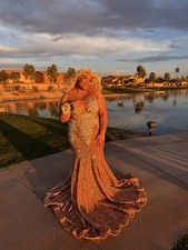 Gold Silver Sequin Plus Size Mermaid Formal Dress Sleeveless Plunging Neckline