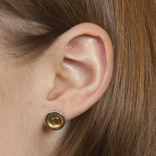 Sterling Silver Citrine Stud Earrings - 925 Round Cabochon Pierced - Picture 2 of 8