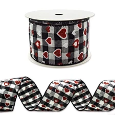 1 Roll Valentine Wired Ribbon, 2.5 x 10 Yards, Heart Buffalo Plaid, Craft