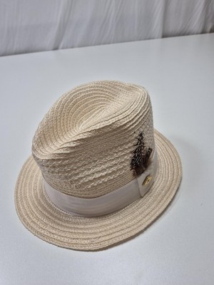 Stacy Adams Cream and Tan Straw Fedora with Feather Trim Stacy Adams Hat Fedora Fitted Mens M Beige Straw Feather  main image 2
