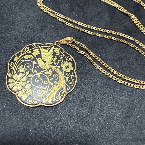 Collana VINTAGE Toledo damascato ciondolo uccellino floreale 74 cm catena retrò kitsch - Foto 4 di 8