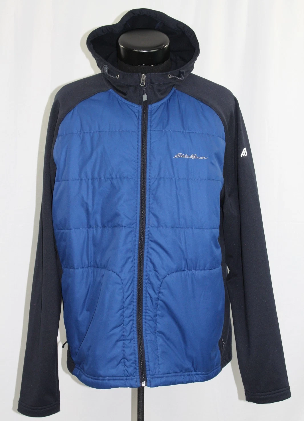 Men Eddie Bauer L Puff Hooded Blue Jacket Hiking Zip Coat Windbreaker Running EB