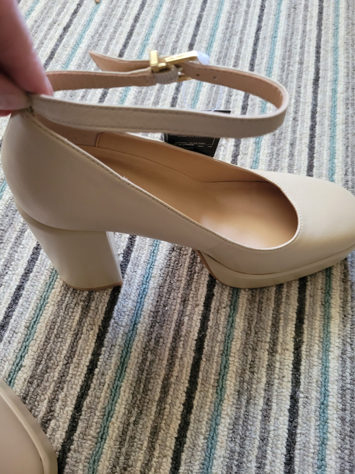 M&S Size 8 Shoes Beige Leather Block Heel Platform Slip On Ankle Strap New
