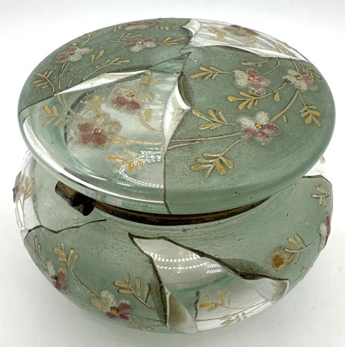 Moser Enamel Trinket Box Dresser Jar Powder Pot Antique Glass Hinged Lidded
