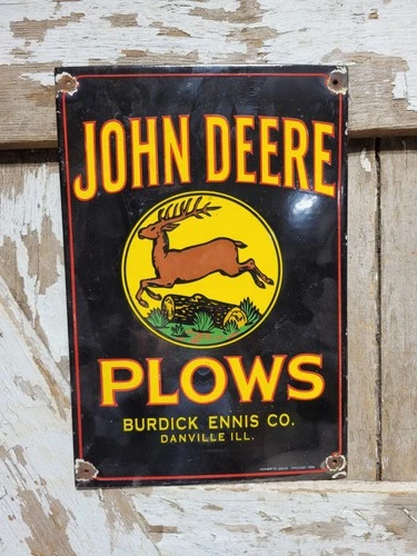 VINTAGE JOHN DEERE PORCELAIN SIGN OLD FARMING PLOW TRACTOR DEALER SALES SERVICE
