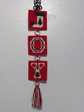Vintage Needlepoint Christmas JOY Wall Hanging 4.5 x 22 Fringe Tassel