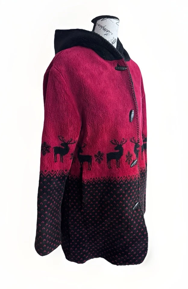 90s Alpine Studio Faux Fur Reversible Reindeer Coat Hooded Toggles Red Black S - Image 3 of 4