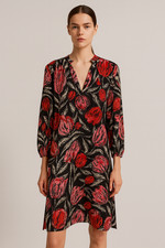 70s 80s Tulip Floral Dress M Resort Lagenlook Poly Shirt Vacation Mod Art Boho