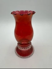 Vintage Ruby Red Glass Hurricane Candle Holder Beaded Clear Base 7.5" Tall