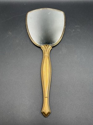VTG Gold Tone Vanity Hand Mirror Etched Elegant Design Large 13'' Long