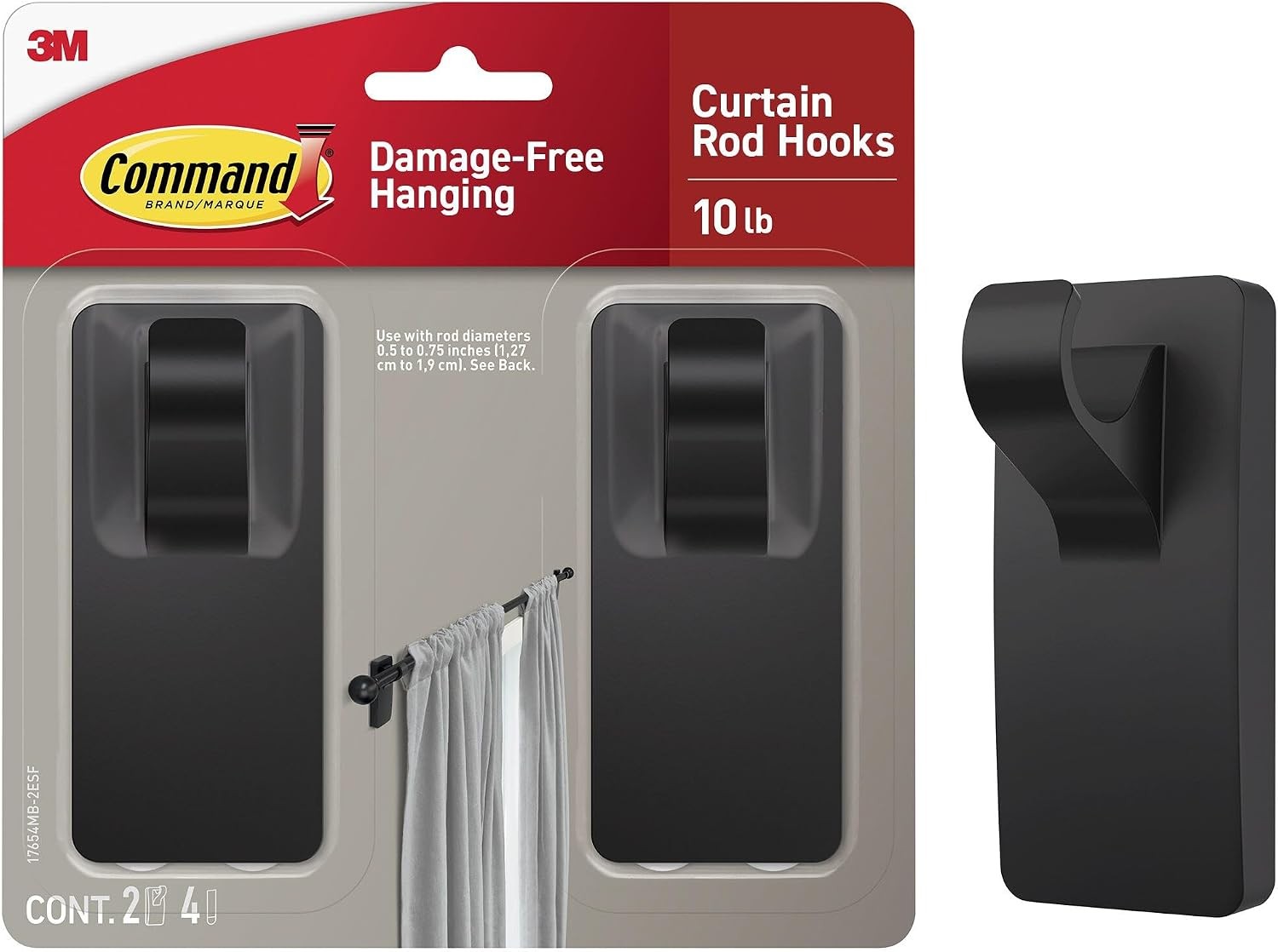 Command Curtain Rod Hooks 2 Pack Matte Black Removable Adhesive Wall Hook 10lb - Image 3