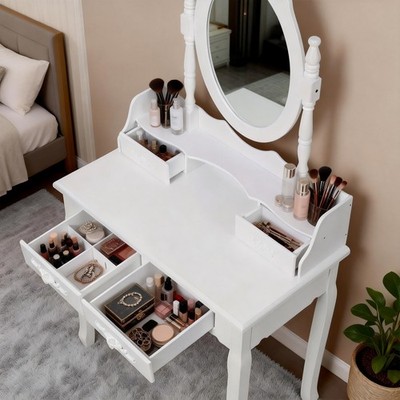 princess style dressing table White Princess Vanity Desk Set With Mirror & Cushioned Stool, 4-Drawer Wooden Makeup Vanity Table For Girls' Bedroom, Dressing Table With Ample