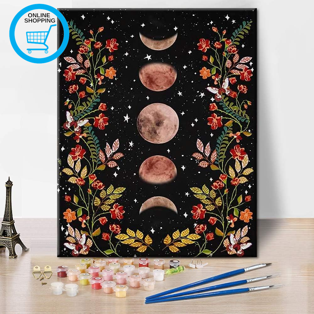 Paint by Numbers Moon Garden Surrounded by Vines and Flowers DIY Acrylic Paintin
