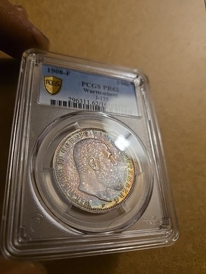 1908-F Wurttemberg J-175 3 MK PCGS PR62 Rainbow Toning