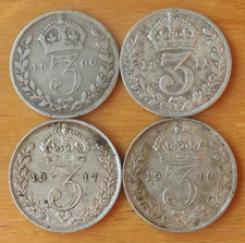4 x British Sterling Silver Threepence Coins 1900, 1911, 1917 & 1919 Nice Grades