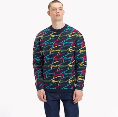NWT Tommy Jean Signature Sweater Navy Pink Yellow Green [DM05080] Men Small , XL