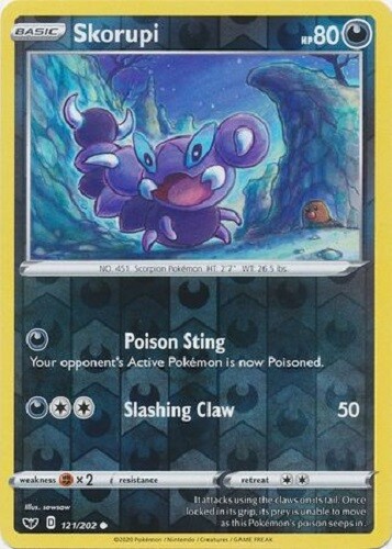 Skorupi - 121 202 - Common Reverse Holo Sword & Shield Pokemon - Picture 1 of 1