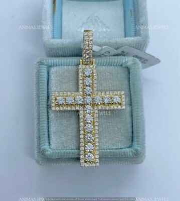 4 Ct Round Moissanite Christmas Cross Pendant 14K Yellow Gold Plated Free Chain