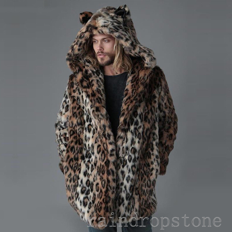 Men's Faux Fur Leopard Print Mid Length Coat Warm Thickened Trench