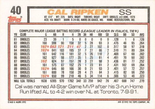 Topps #40a 1992 Cal Ripken Gold Winners código de impresión A* - Imagen 2 de 2