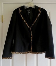 Cheetah Trim Jacket Ladies Womens Size 8 Short Blazer Black Lined Snaps