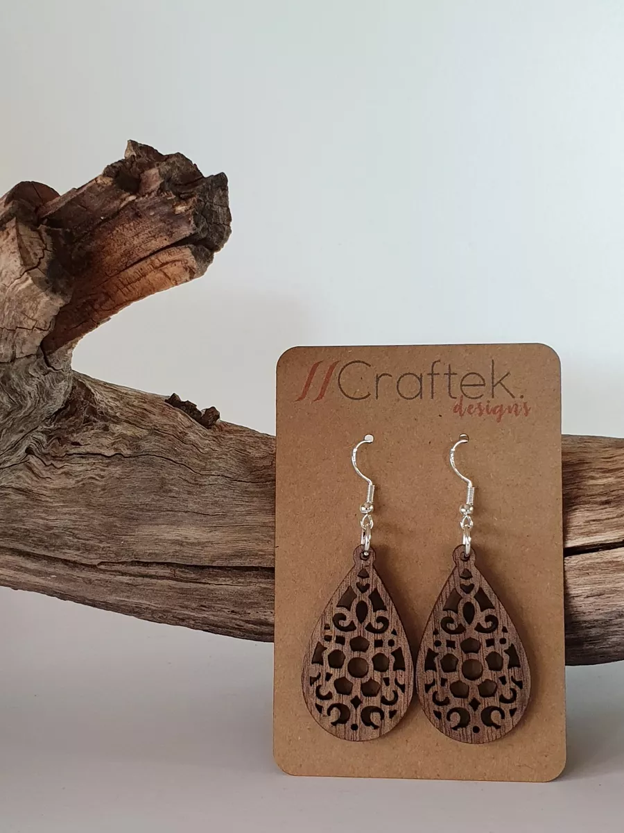 Wooden Earrings Laser Cut Decorative Tear Drop Design Drop Dangle