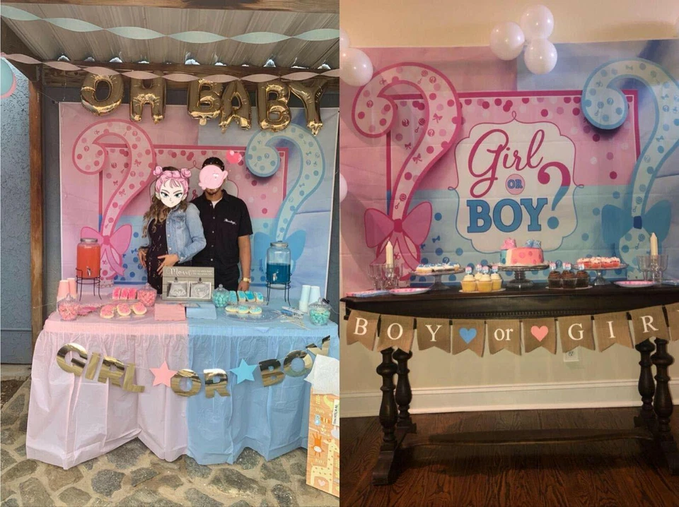 Fondo rosa y azul para niño o niña revelación de género decoración de fiesta pancarta fondo Foto 3 de 4