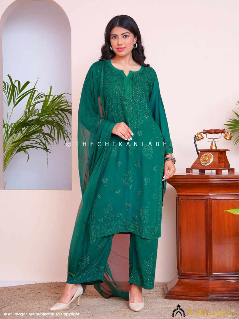 green chikankari dress Green Mul Cotton Chikankari Embroidered Dress Design by Scakhi at Pernia's Pop Up Shop 2026