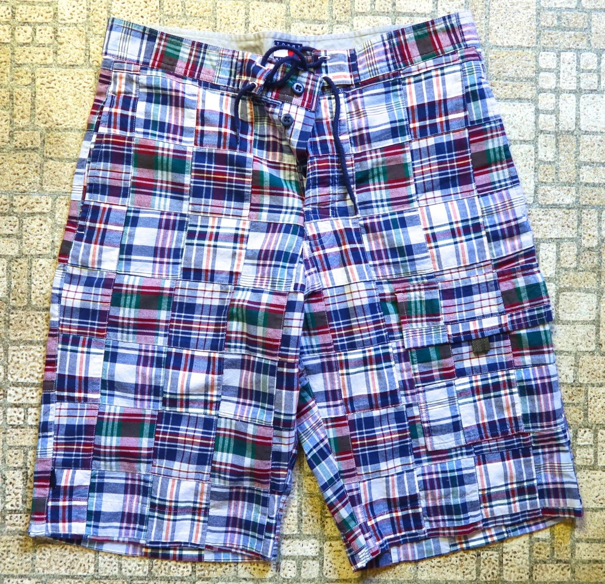 Tommy Hilfiger Patchwork Mens Long Plaid Cargo Pocket Shorts Size