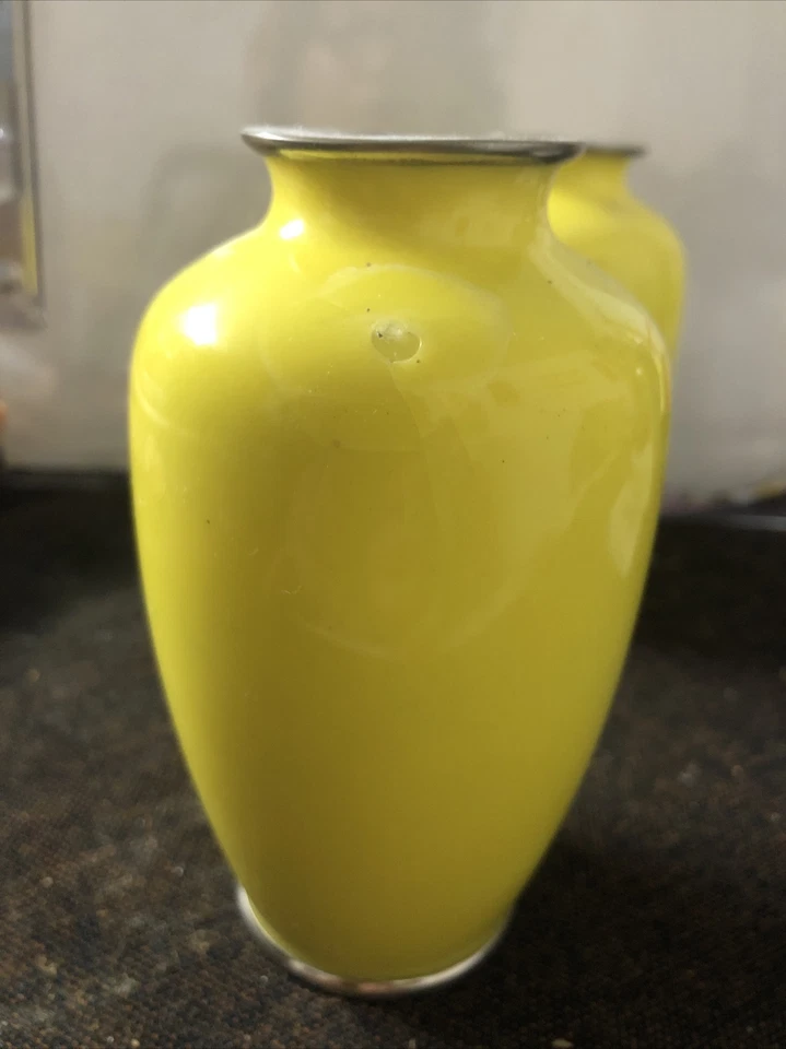 "Un par de jarrones vintage japoneses japoneses Sato Cloisonne - miniatura de 5"" - amarillo - rosas" Foto 4 de 4