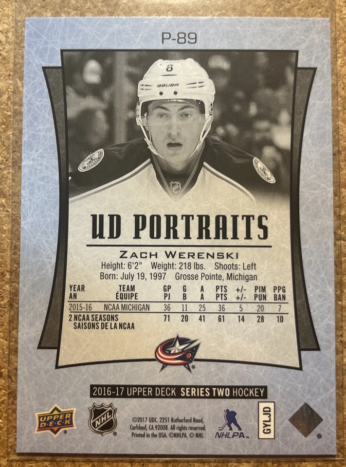 2016-17 Upper Deck UD Portraits Zach Werenski #P-89 RC Rookie Blue Jackets - Image 2 of 2