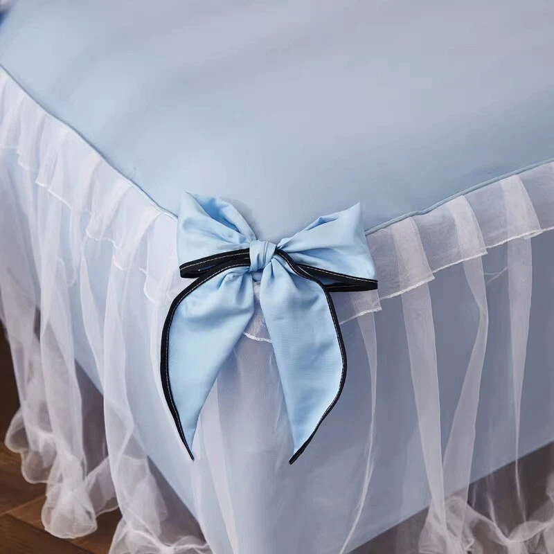 Falda de cama con moño de malla colcha con volantes sábana polvo caída profunda decoración de habitación de hadas Foto 3 de 4