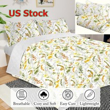 3PCS Yellow Floral Quilt Set Botanical Coverlets All Season Twin Full Queen King